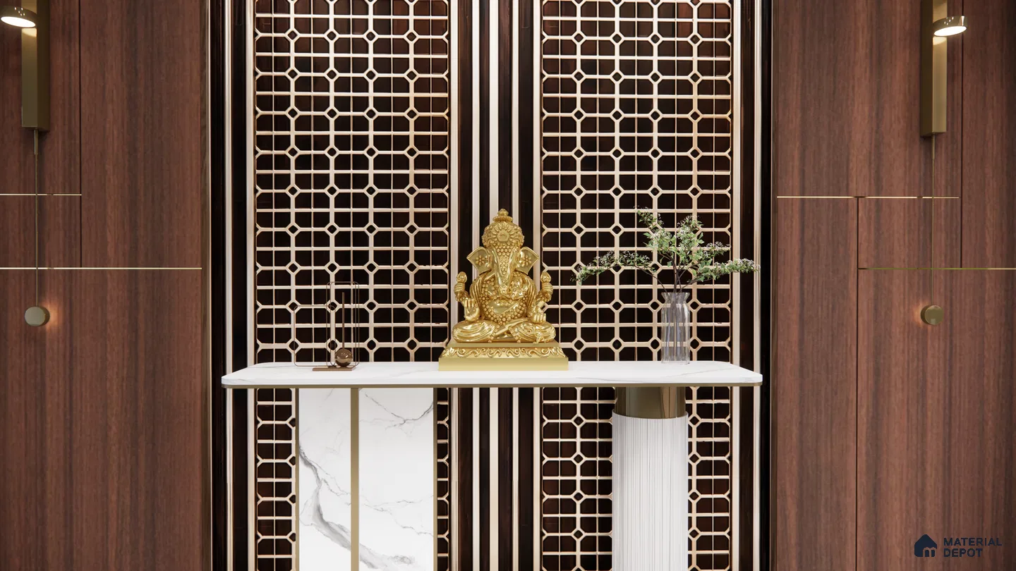 Elegant Pooja Room with Gold Ganesha Idol and Modern Wooden Accents | Material Depot