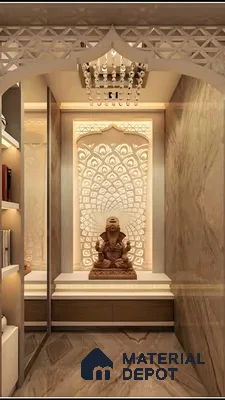 Elegant Pooja Room with Intricate Jali Design and Backlit Ganesha Idol | Material Depot