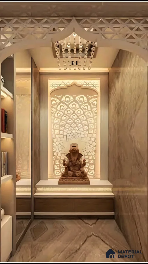 Elegant Pooja Room with Intricate Jali Design and Backlit Ganesha Idol | Material Depot