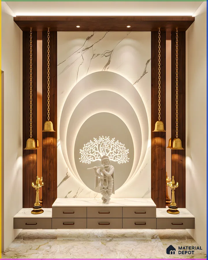 Elegant Pooja Room with Marble Accents and Warm Lighting | Material Depot