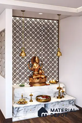 Elegant Pooja Space with Intricate Lattice Design | Material Depot