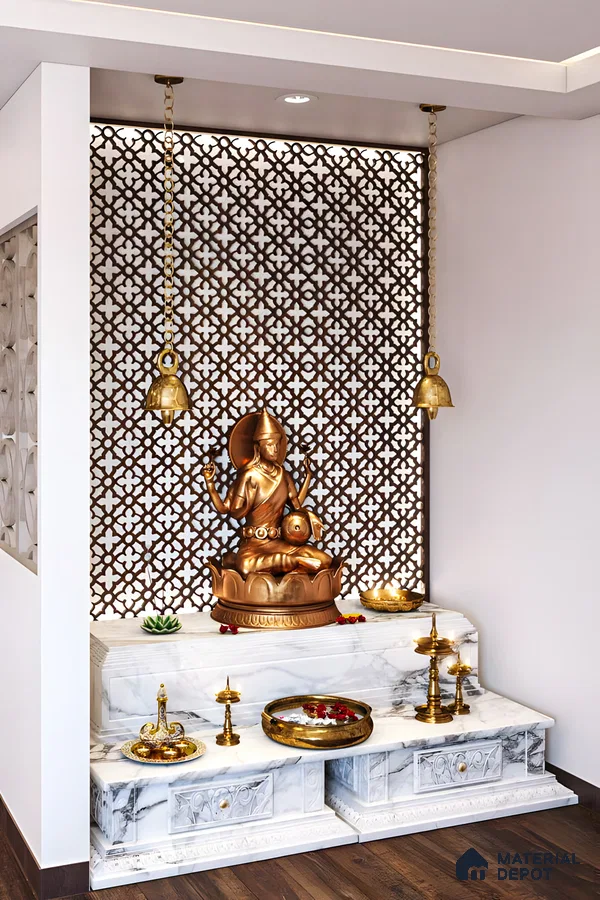 Elegant Pooja Space with Intricate Lattice Design | Material Depot