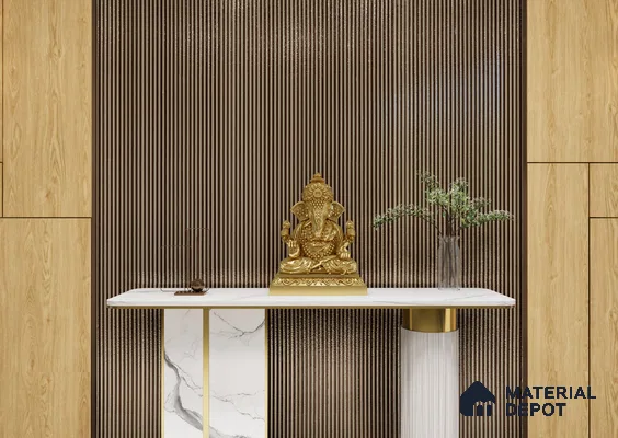 Elegant Pooja Unit with Metallic Brown Louvers and Marble Console | Material Depot