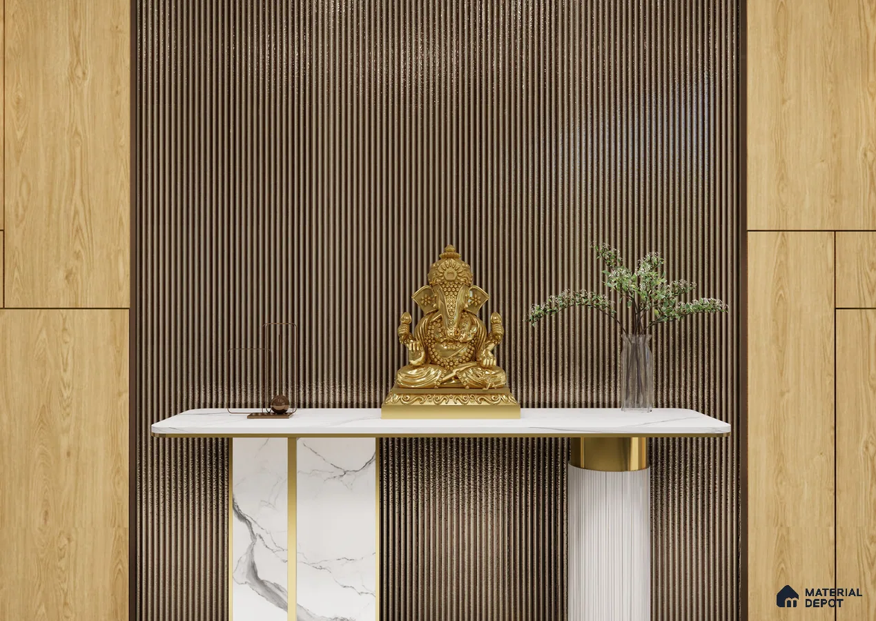 Elegant Pooja Unit with Metallic Brown Louvers and Marble Console | Material Depot
