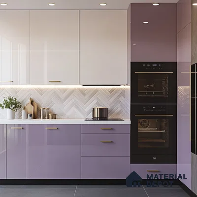 Elegant Purple and White Kitchen with Herringbone Tile Backsplash | Material Depot