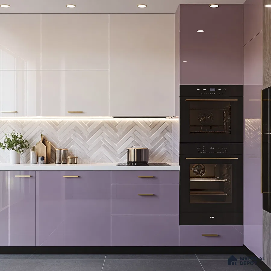 Elegant Purple and White Kitchen with Herringbone Tile Backsplash | Material Depot