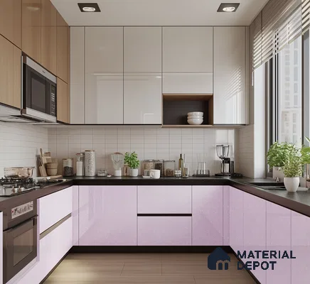 Elegant Purple Sparkle Glossy Solid Laminate Kitchen with Subway Tile Backsplash | Material Depot