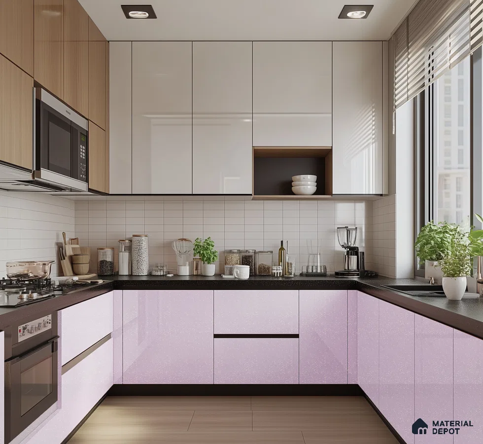 Elegant Purple Sparkle Glossy Solid Laminate Kitchen with Subway Tile Backsplash | Material Depot