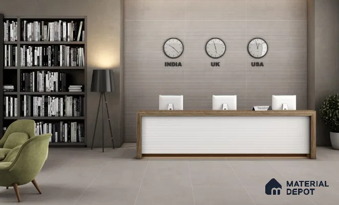 Elegant Reception with Fluted Grey Wall Tiles and Modern Decor | Material Depot