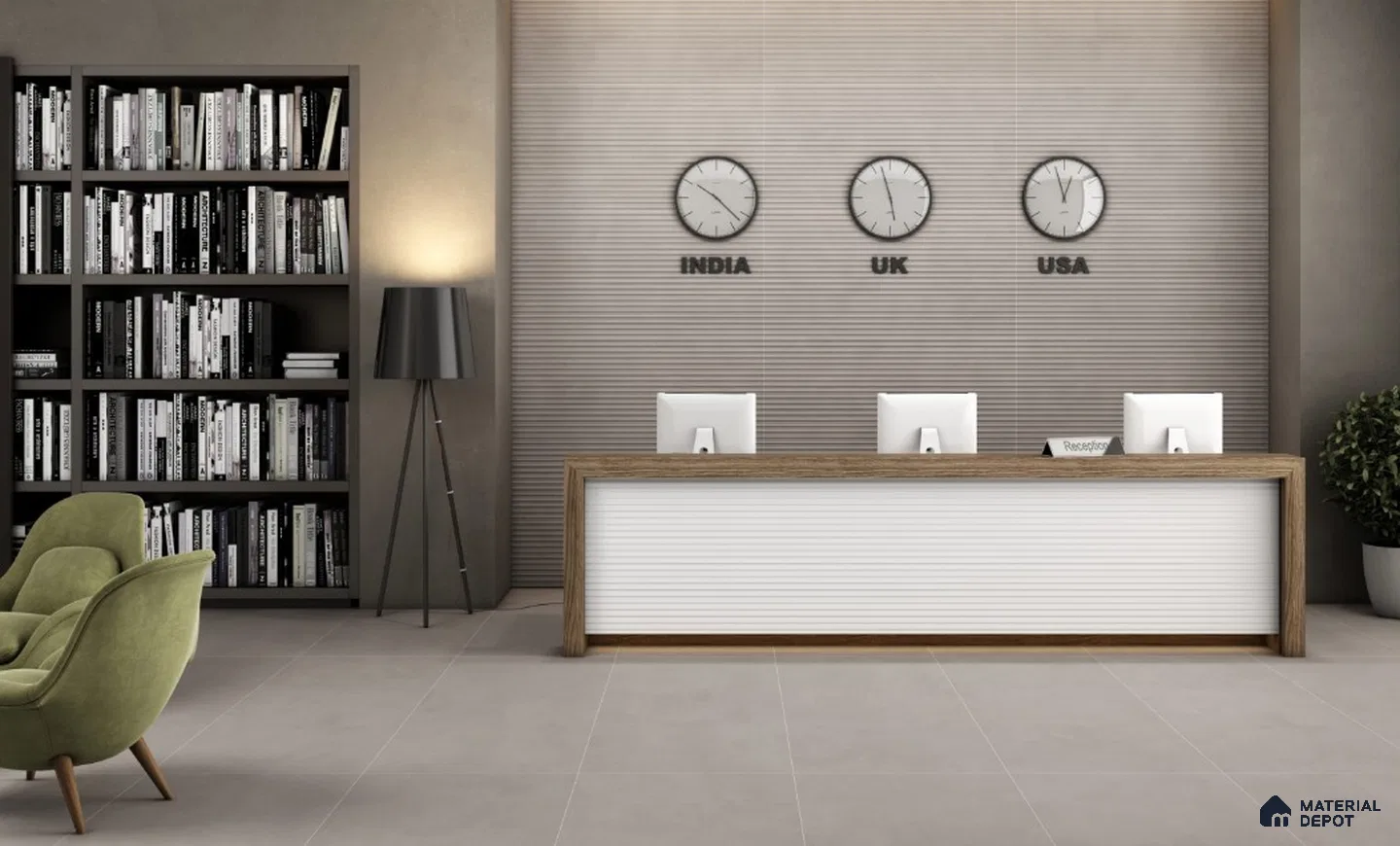 Elegant Reception with Fluted Grey Wall Tiles and Modern Decor | Material Depot