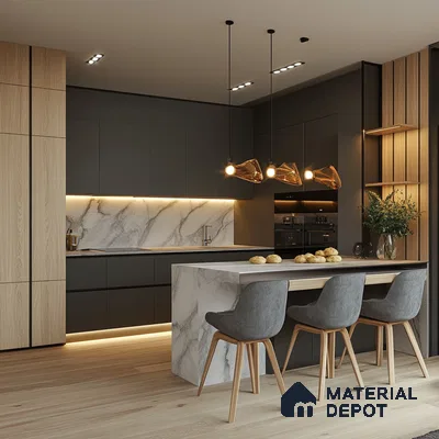 Elegant Simplicity Meets Modern Luxury in Spacious Kitchen and Dining Design | Material Depot