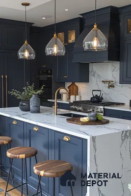 Elegant Simplicity: Modern Kitchen with Dark Blue Cabinetry | Material Depot