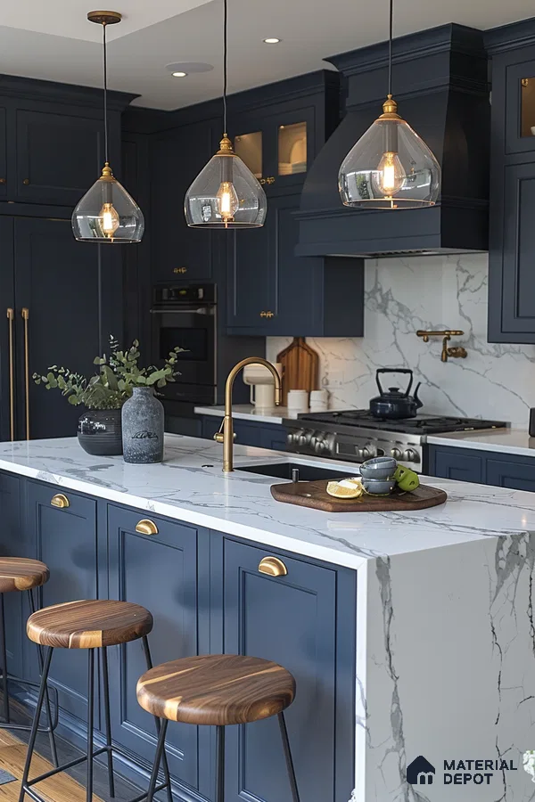 Elegant Simplicity: Modern Kitchen with Dark Blue Cabinetry | Material Depot