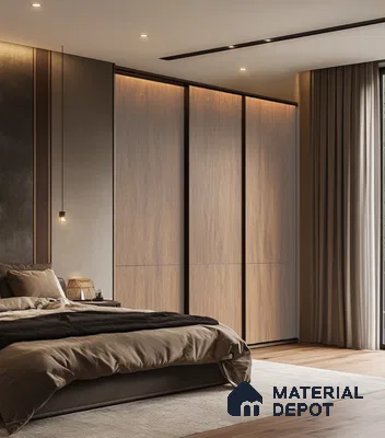 Elegant Sliding Wooden Laminate Wardrobe for Modern Bedroom Design | Material Depot