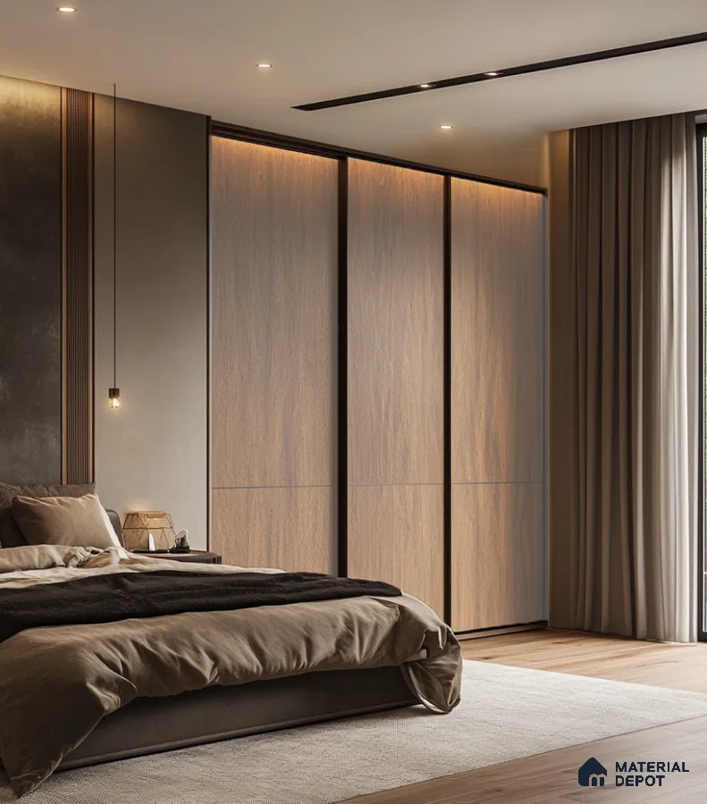 Elegant Sliding Wooden Laminate Wardrobe for Modern Bedroom Design | Material Depot