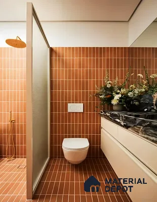 Elegant Small Bathroom With Red Subway  Wall Tile Finish | Material Depot