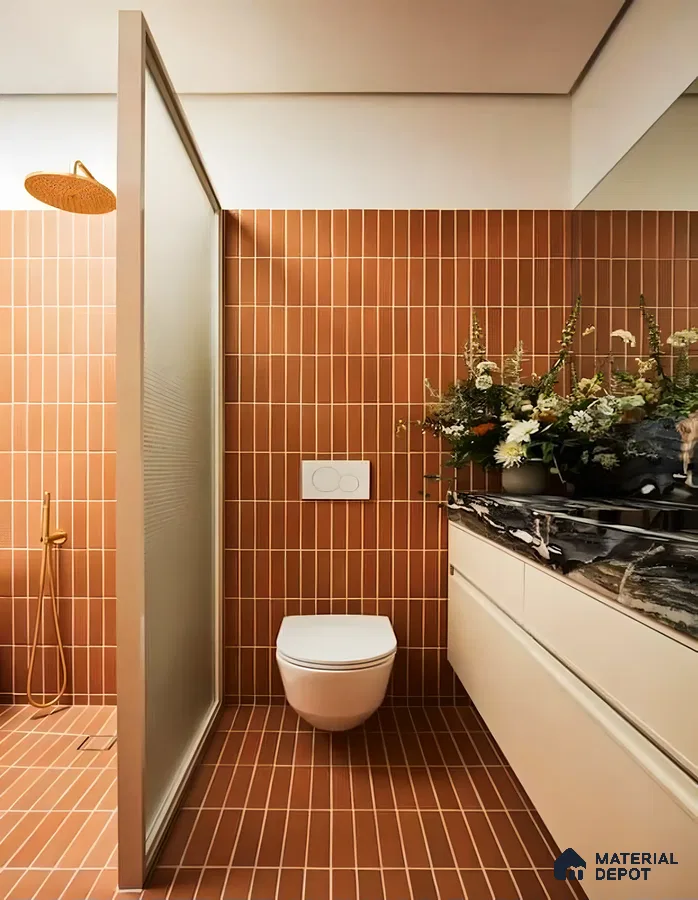 Elegant Small Bathroom With Red Subway Wall Tile Finish | Material Depot
