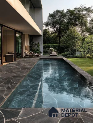 Elegant Swimming Pool with Full Body Dark Grey Kota Stone Flooring and Organic Patterns | Material Depot
