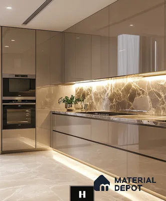 Elegant Taupe Kitchen with Marble Highlights | Material Depot