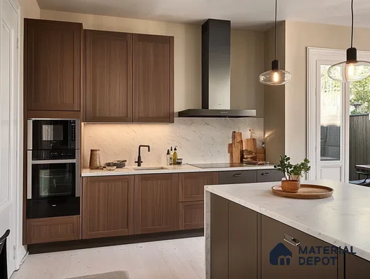 Elegant Transitional Kitchen with Walnut Cabinets and Marble Accents | Material Depot
