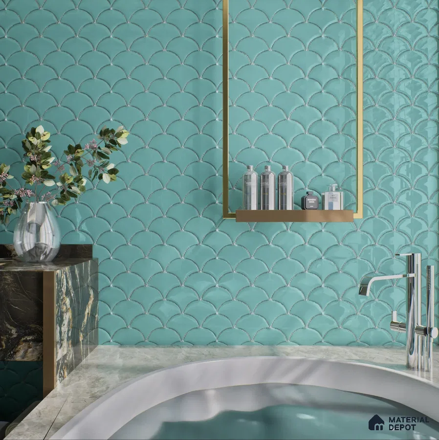 Elegant Turquoise Fish Scale Tile Bathroom | Material Depot