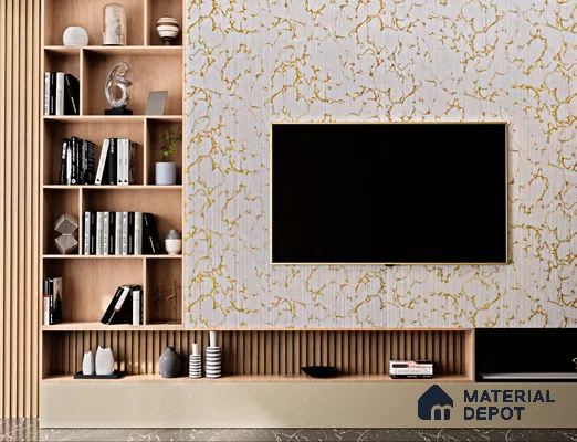 Elegant TV Unit with White Fluted Marble Panels and Wooden Shelves | Material Depot