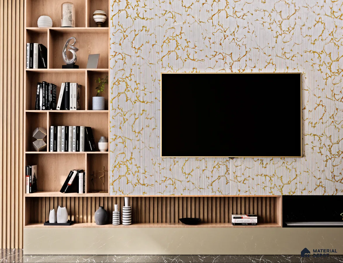 Elegant TV Unit with White Fluted Marble Panels and Wooden Shelves | Material Depot