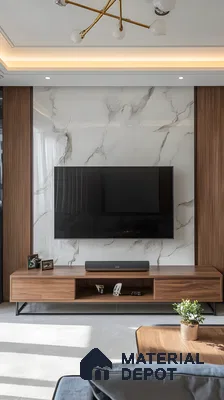 Elegant Tv Wall With Marble Slab And Walnut Laminate Accents | Material Depot