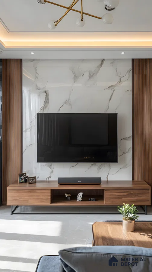 Elegant Tv Wall With Marble Slab And Walnut Laminate Accents | Material Depot