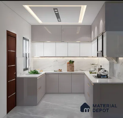 Elegant U-Shaped Kitchen With Glossy Acrylic Cabinets And Marble Look Finishes | Material Depot