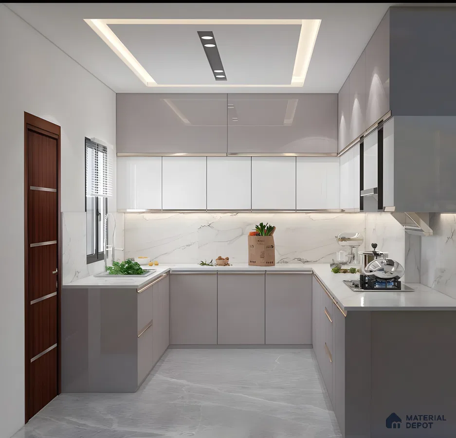 Elegant U-Shaped Kitchen With Glossy Acrylic Cabinets And Marble Look Finishes | Material Depot