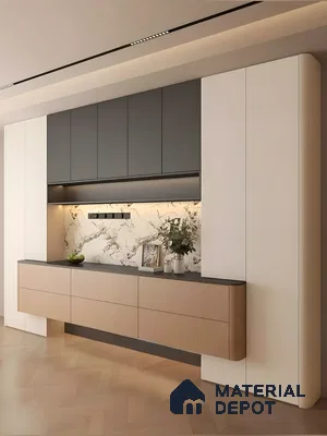 Elegant Wall-Mounted Cabinetry With Marble Backsplash And Two-Tone Finishes | Material Depot