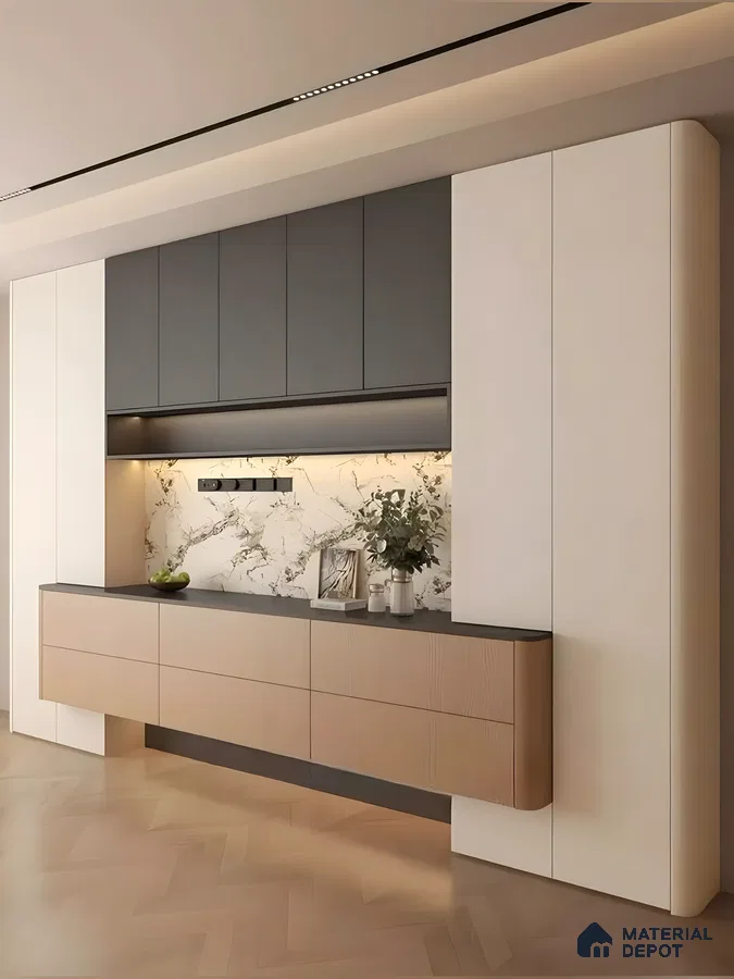 Elegant Wall-Mounted Cabinetry With Marble Backsplash And Two-Tone Finishes | Material Depot
