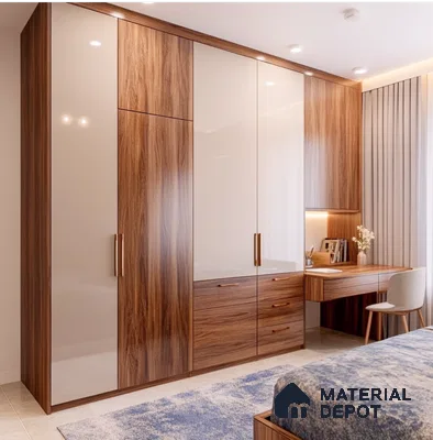 Elegant Walnut and Cream Laminate Wardrobe with Study Nook for Bedroom | Material Depot