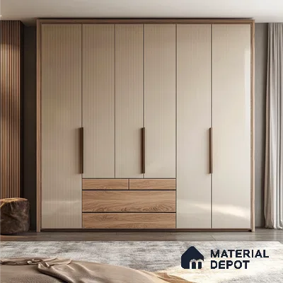 Elegant Wardrobe with Fluted Acrylic Panels and Wooden Drawer Accents | Material Depot