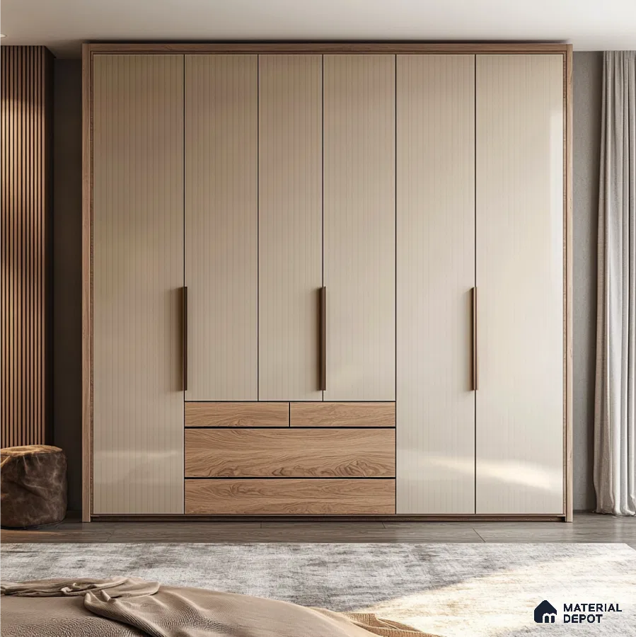 Elegant Wardrobe with Fluted Acrylic Panels and Wooden Drawer Accents | Material Depot