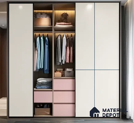 Elegant White and Pink Laminate Sliding Wardrobe for a Stylish Bedroom | Material Depot