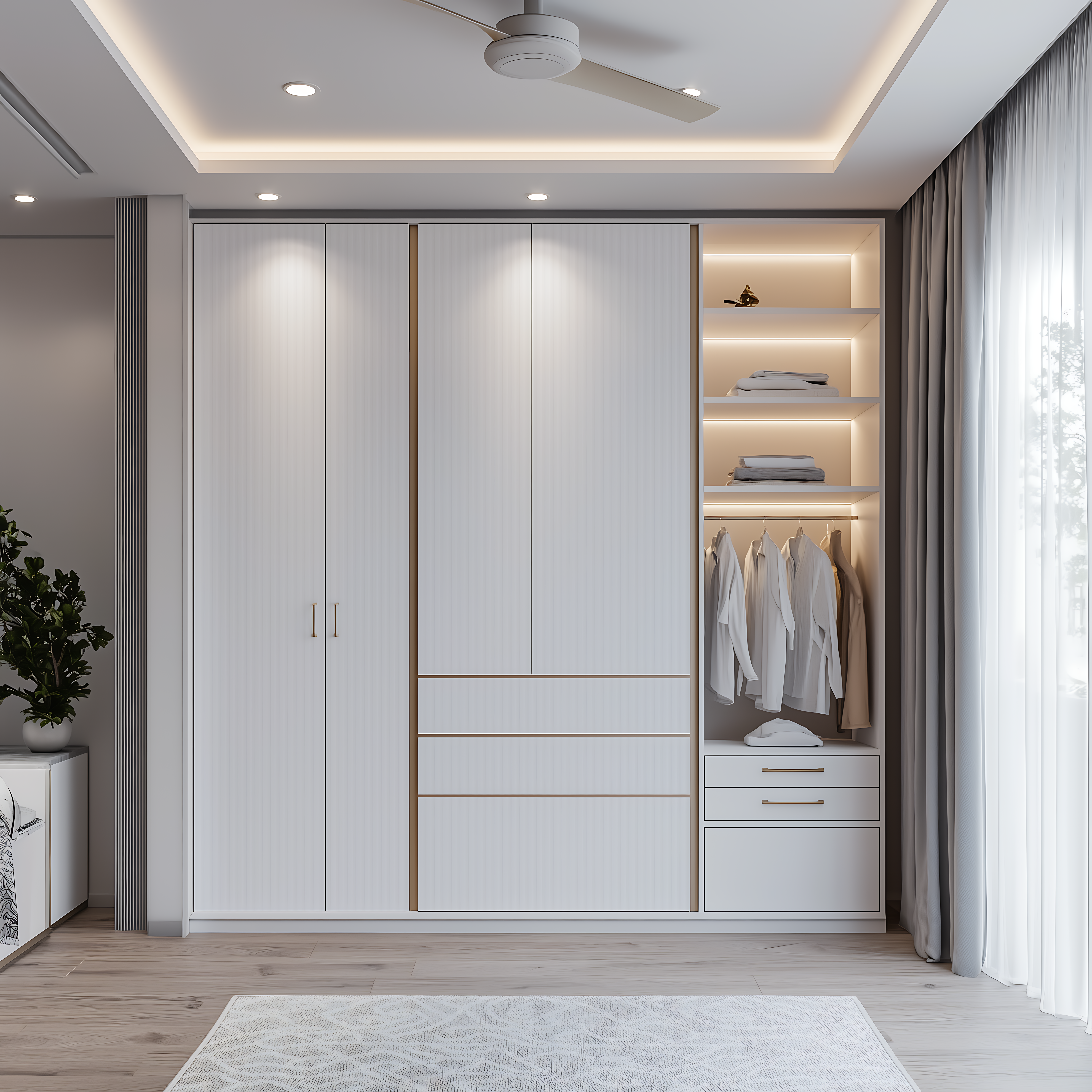 Elegant White Wardrobe with Open Shelves and Soft Ambient Lighting | Material Depot