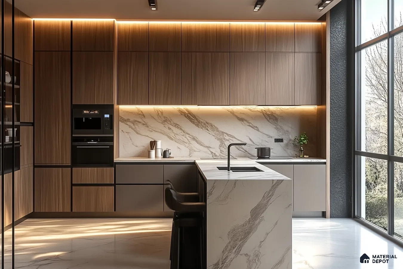 Elegant Wood and Marble Kitchen with Luminous Accents | Material Depot