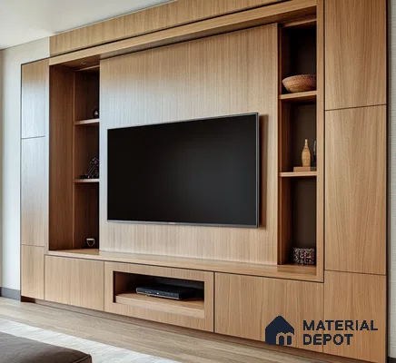 Elegant Wooden Laminate Entertainment Unit with Shelving for Modern Living Room | Material Depot