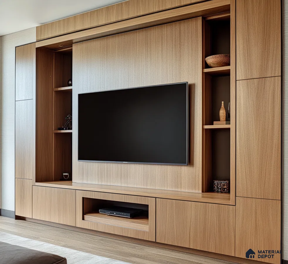 Elegant Wooden Laminate Entertainment Unit with Shelving for Modern Living Room | Material Depot