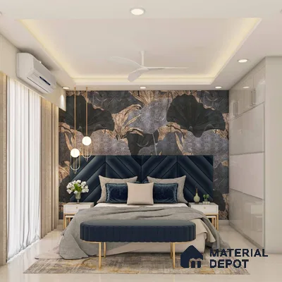 Classic master bedroom with elegant blue theme, sliding door wardrobe, and royal decor