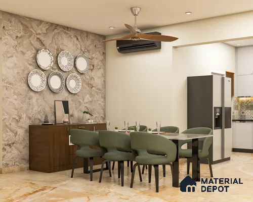 DIning area with patterned beige flooring and wooden laminate cabinets