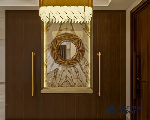 Elegant classic foyer with chandelier, golden accents, and regal decor