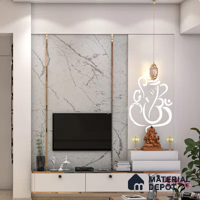 Eco-friendly TV unit with Ganesh wall art, brass accents, and stylish lighting