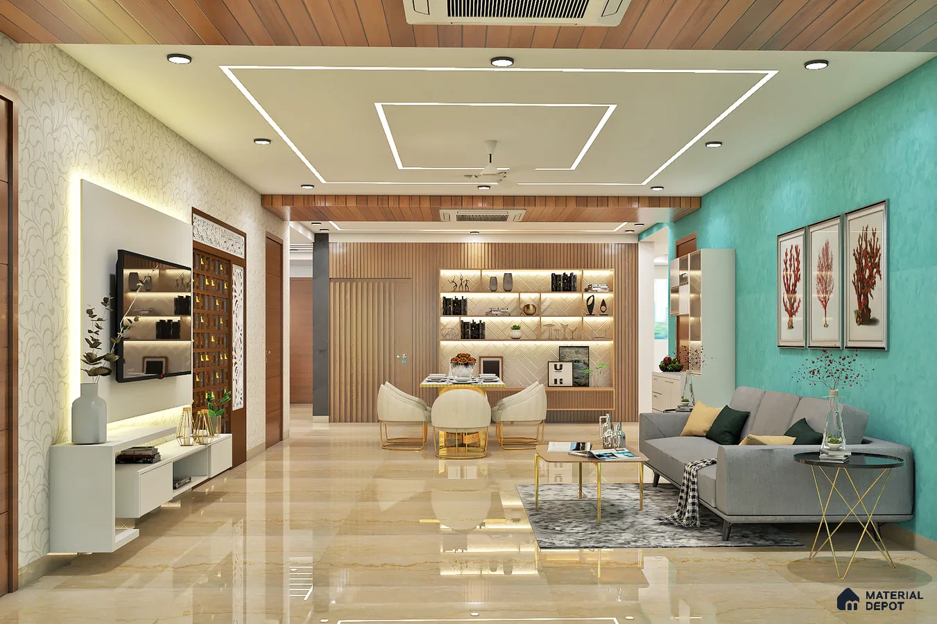 Elegant hall with POP false ceiling, stunning color contrast, and stylish furniture.