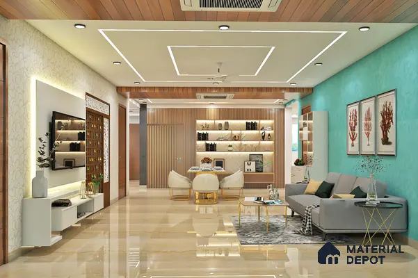 Elegant hall with POP false ceiling, stunning color contrast, and stylish furniture.