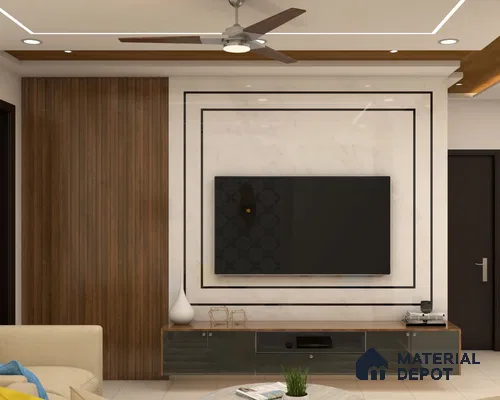 Spacious room with high ceilings, contemporary TV cabinet with wooden panels, and a marble backdrop, showcasing a sizable TV in elegant harmony.