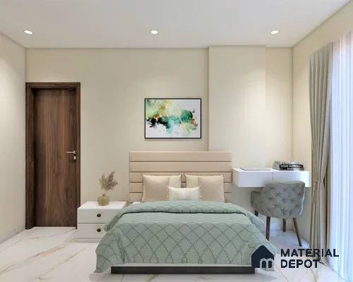 room with wall art and study table