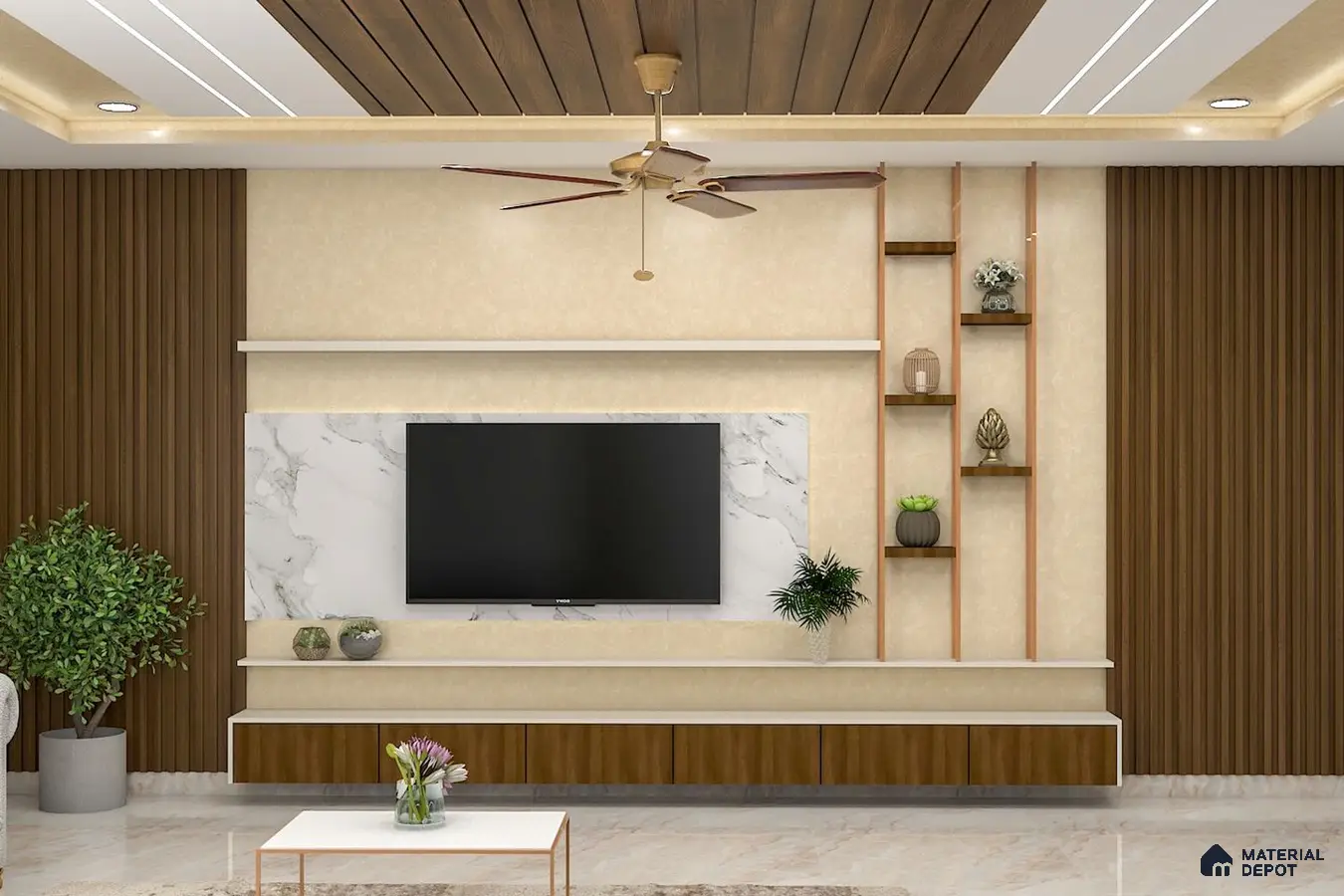 room with marble TV wall and wooden accents